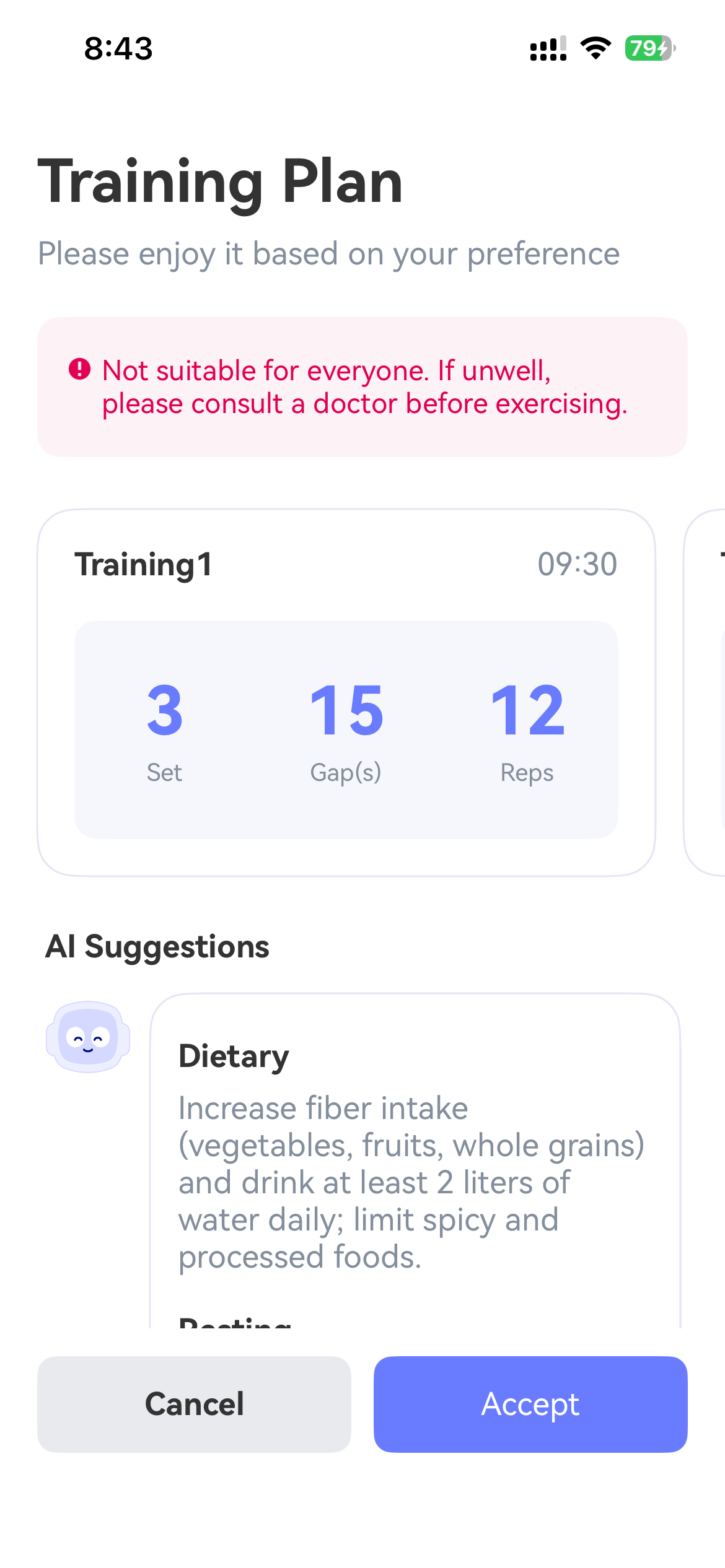 Chill app AI-generated training plan with dietary suggestions