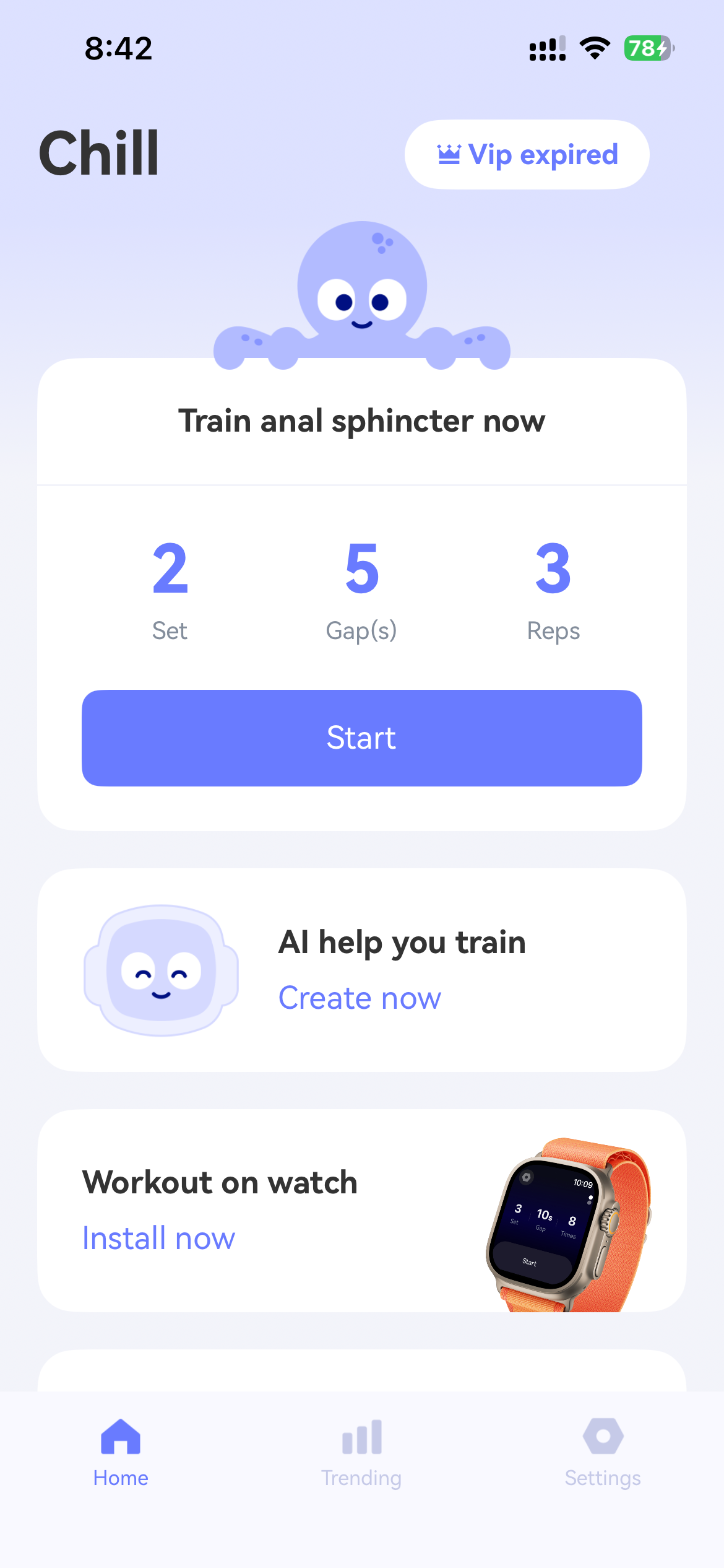 Chill app homepage with exercise configuration, AI training feature, and Apple Watch integration