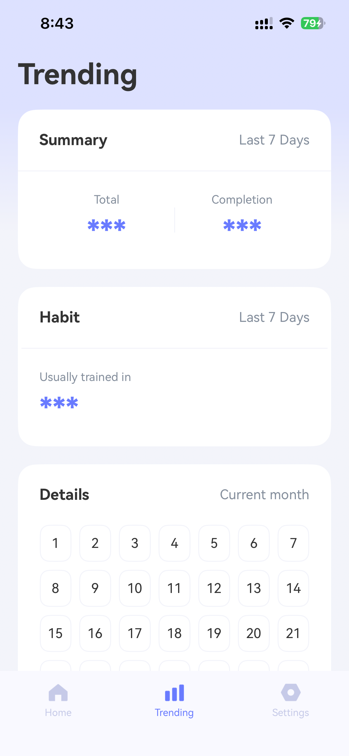 Chill app trending page showing training summary, habits, and monthly calendar