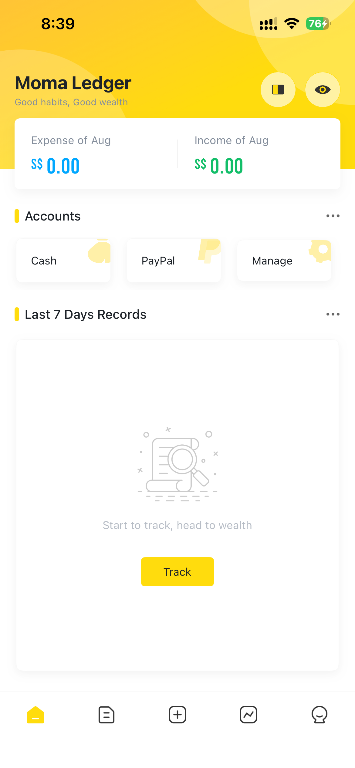 Moma app homepage showing monthly expense and income summary with account balances