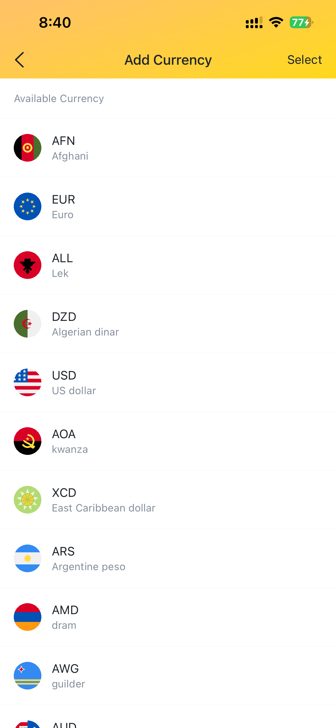 Moma app multi-currency selection screen showing available currencies with country flags